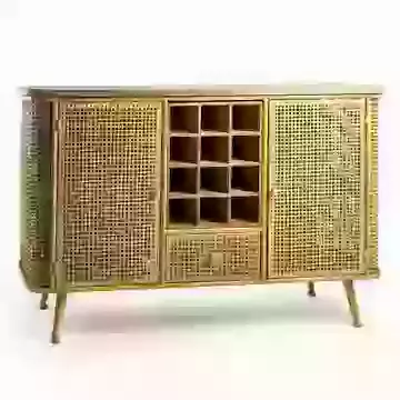 Rustic Wood and Metal Rattan Sideboard Wine Cabinet